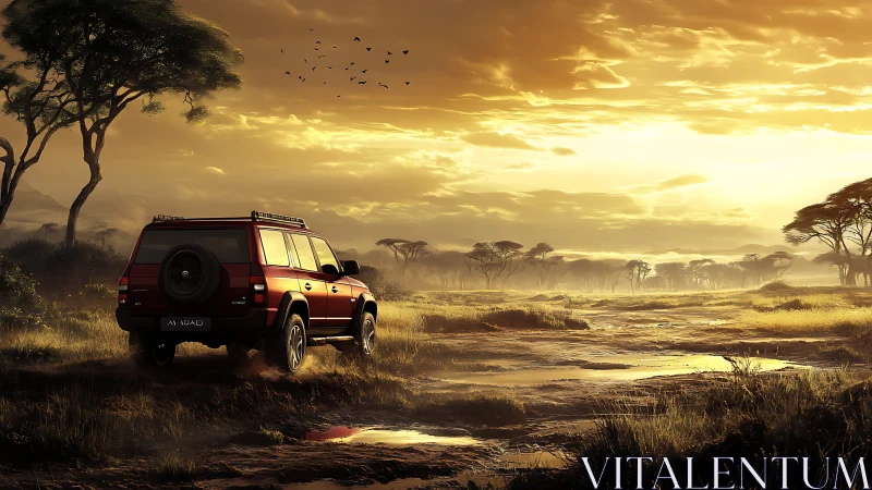 Sunlit safari tracks and a lone red rover exploring on.