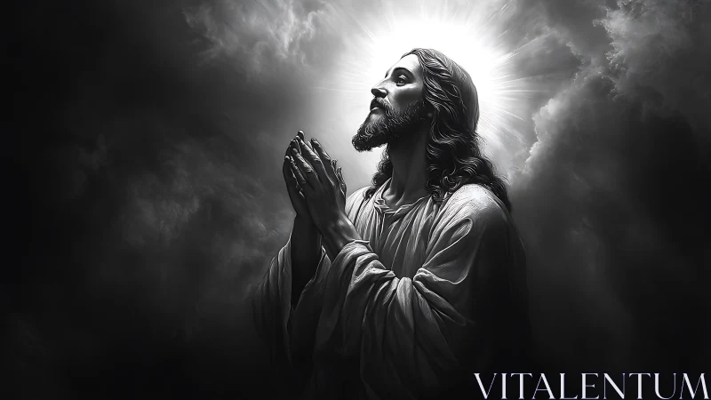 Radiant praying figure in luminous monochrome clouds.