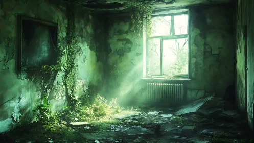 Overgrown decayed room with sunlight through broken window.