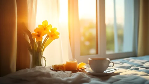 Sunlit breakfast tray with tea, honey and daffodils on bed