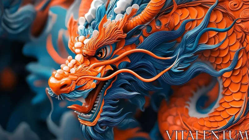 Coiled cerulean and orange dragon in intricate close-up.