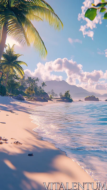 Tropical Coastal Landscape with Palm Trees and Mountain.