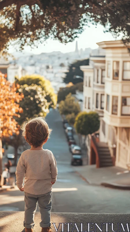 Backlit toddler overlooking sunlit residential city street
