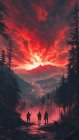 Crimson sky welcomes three adventurers into misty mountains