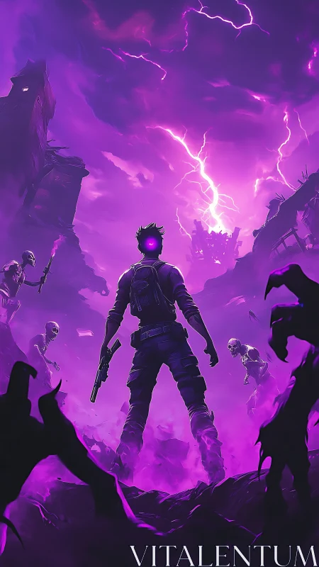 Neon storm warrior confronting undead horde in violet wasteland