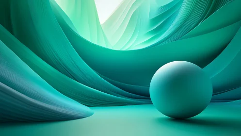 Teal 3D sphere with abstract layered wave forms backdrop.