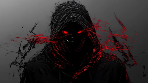 Hooded shadow figure radiates red energy in dark void