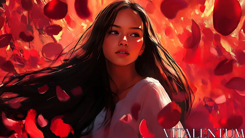 Young woman in flowing petals against vivid red sky.