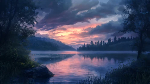 Twilight lake panorama captures atmospheric luminous sky reflection