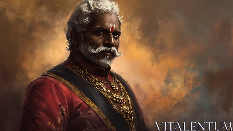 Older man in ornate red clothing stands against textured sky