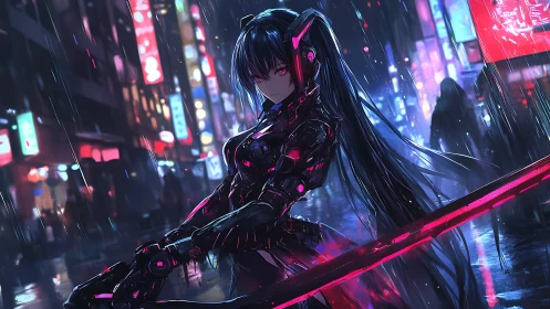 Cybernetic swordswoman stands in neon rain soaked city street