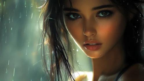 Soft rainlit gaze with luminous eyes and sun-warmed skin.