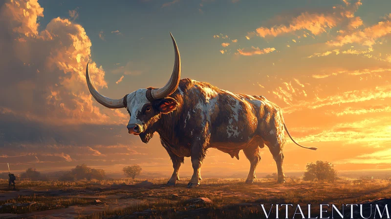 Colossal sunset longhorn wandering a myth-drenched plain.