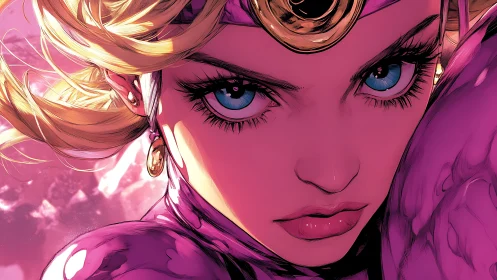 Close-up cel-shaded heroine portrait with magenta chromatic intensity