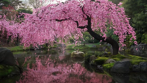 Graceful cherry tree leans over a calm reflective pond