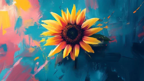 Chromatic sunflower rendered against turbulent impasto field.