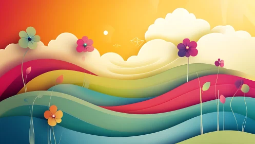 Vibrant abstract hills with stylized flowers at sunset.