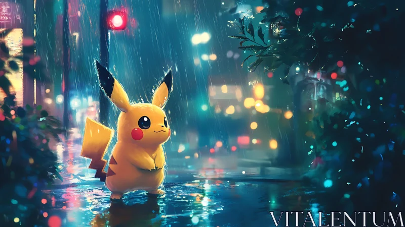 Electric creature in neon-soaked rain with reflective pavement.