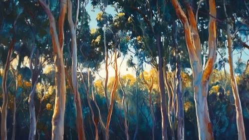 Sunlit forest canopy glows through painterly eucalyptus trunks.
