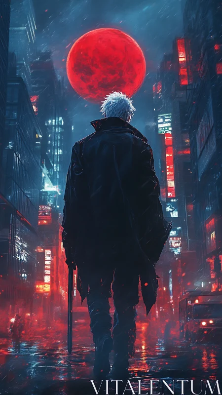 Lone cyberpunk wanderer beneath a blood-red neon moon.