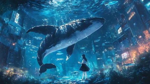 Submerged urban alley with large whale and solitary figure.