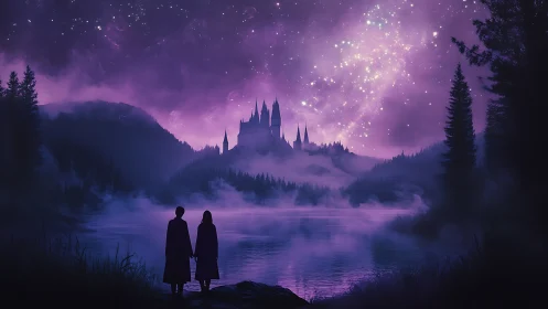Starglow lovers gaze toward a mist-bound violet castle dream.