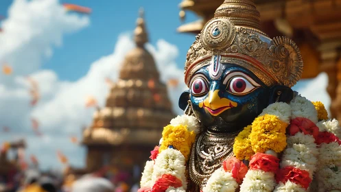 Ornate temple deity idol glows amid vibrant festival skies