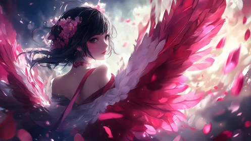 Winged daydream girl wrapped in rose colored starlight.