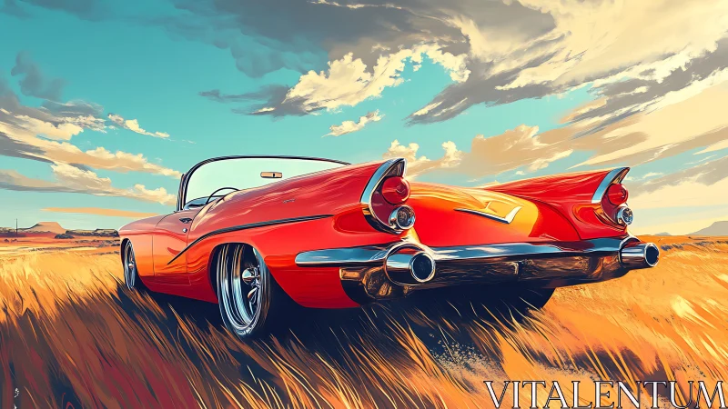 Classic red convertible rendered in stylized digital panorama