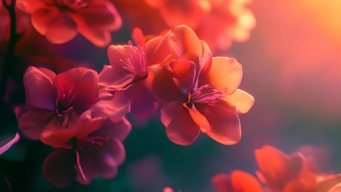 Red-orange flowers with visible stamens backlit by warm sunset light