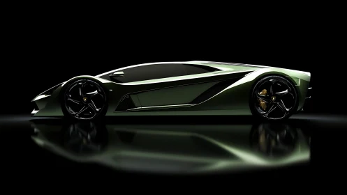 Sleek green supercar glides in dramatic showroom darkness