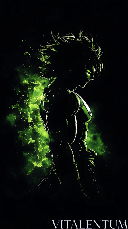 Silhouetted warrior radiates green explosive cosmic energy