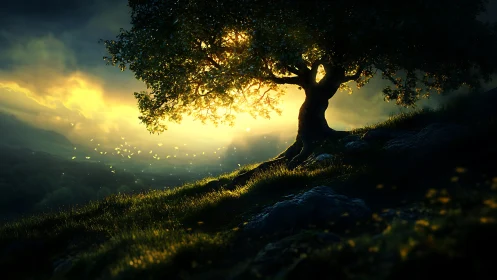 Backlit lone tree on hillside at glowing sunset.