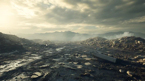 Desolate landfill landscape under heavy clouds at sunset.