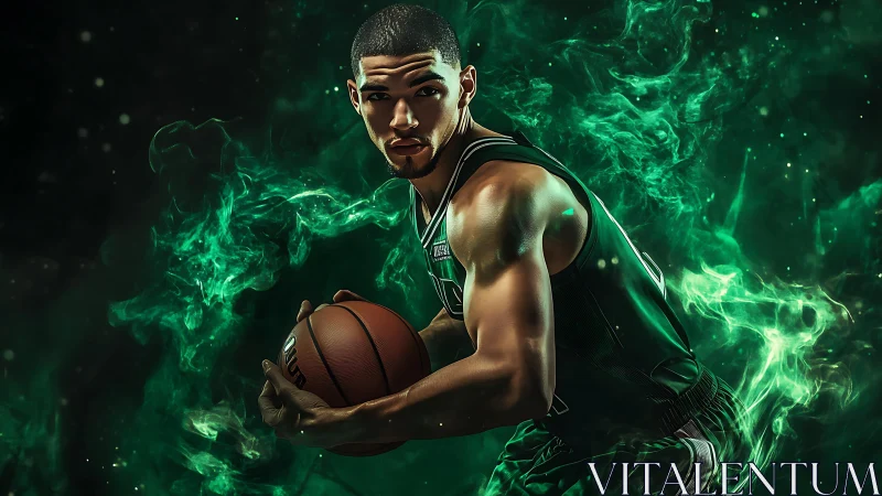 Dynamic basketball portrait with emerald energy effects.