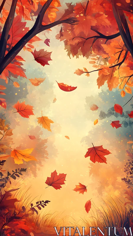 Gentle autumn leaves drifting through a glowing forest sky.