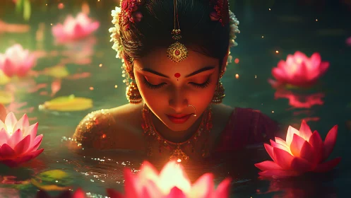 Indian woman meditates in glowing lotus pond at dusk