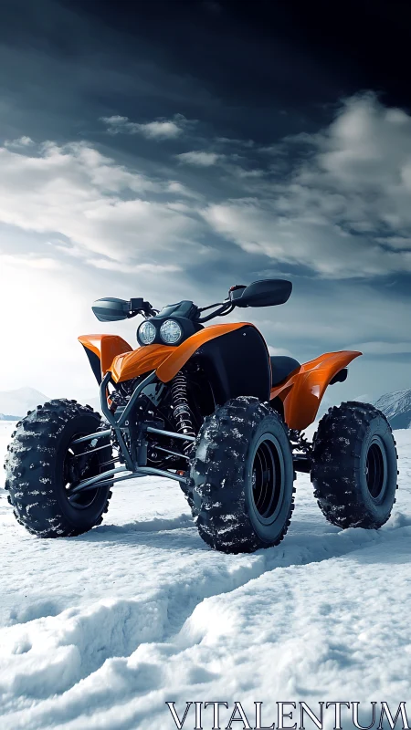 Orange snow ATV stands bold against stormy winter sky