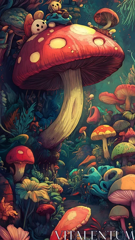 Whimsical mushroom forest with tiny guardians watching over.