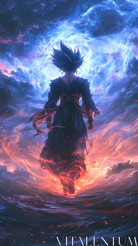 Silhouetted figure amid blue storm clouds and orange fire aura.