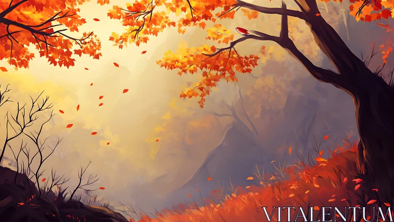 Autumn landscape with falling leaves and silhouetted trees.