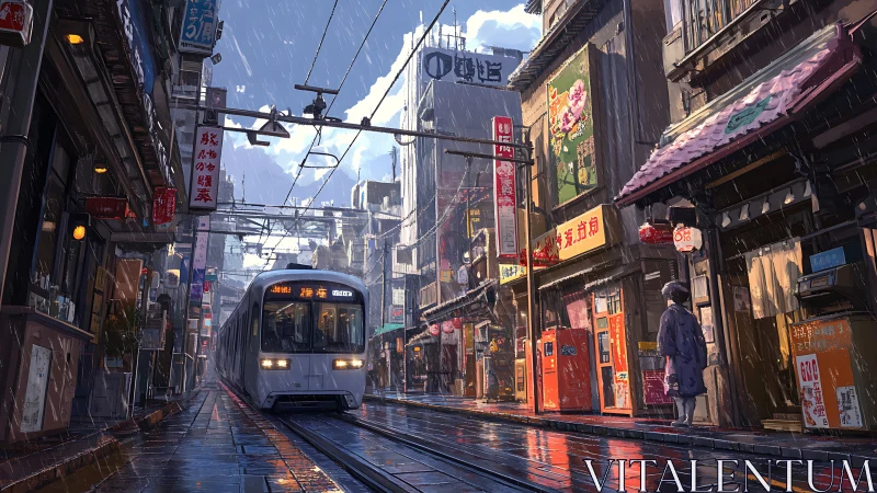 Rain-soaked urban tramway in neon-lit Japanese backstreet.