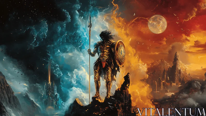 Armored warrior divides celestial fire and ice realms in balance