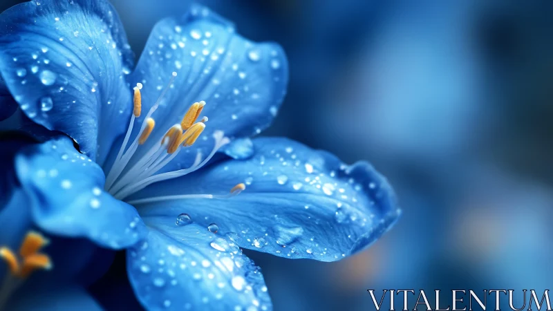 Blue Flower with Water Droplets. Close-up Detail.