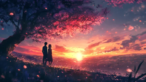 Sunset lovers stand beneath glowing cherry blossoms in bloom