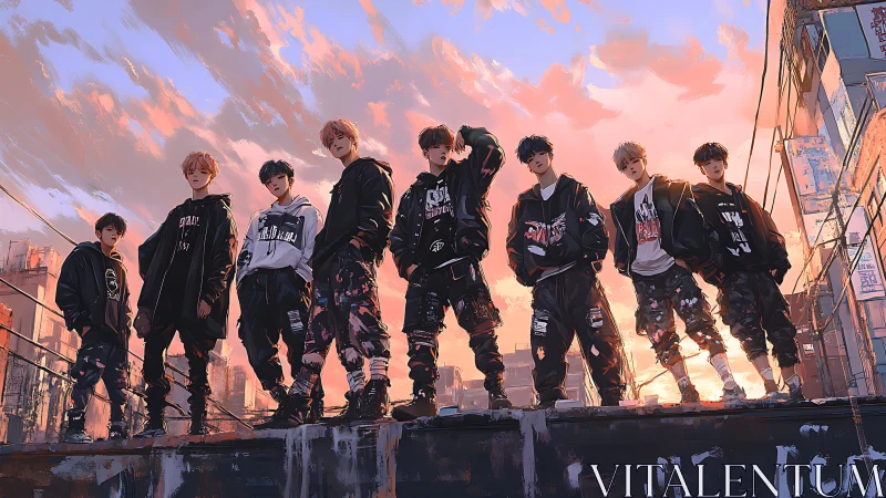 Streetwear youth collective stands on rooftop at neon dusk