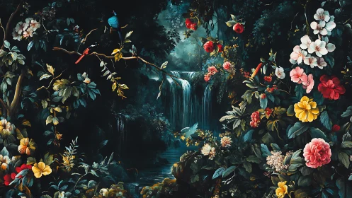 Lush nocturnal waterfall framed by baroque floral abundance