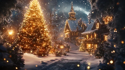 Photorealistic winter village with illuminated Christmas tree streetscape.