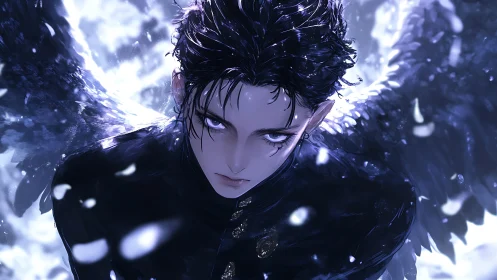 Moody anime seraph portrait with luminous raven wings composition.