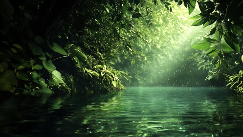 Soft jungle light pours over a tranquil emerald forest pool
